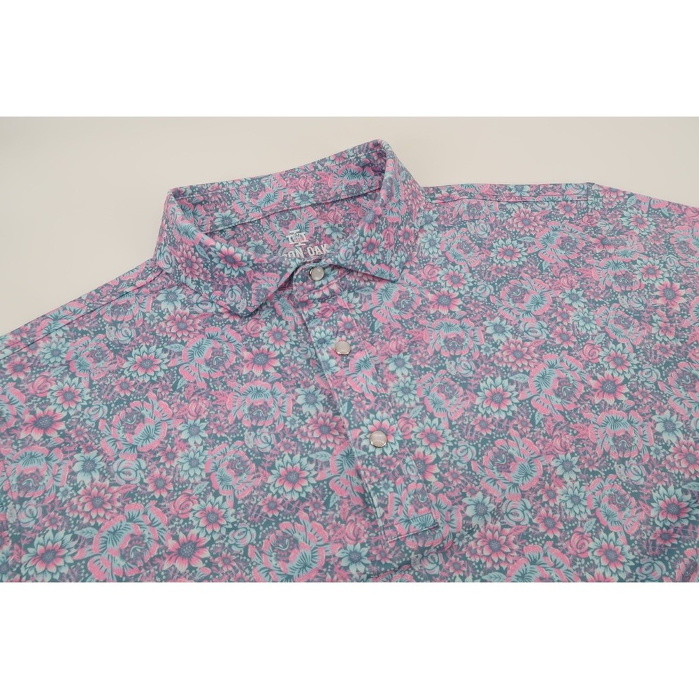 Iron Oak Apparel Co Polo Mens Medium Pink Blue Floral Snap Performance Shirt
